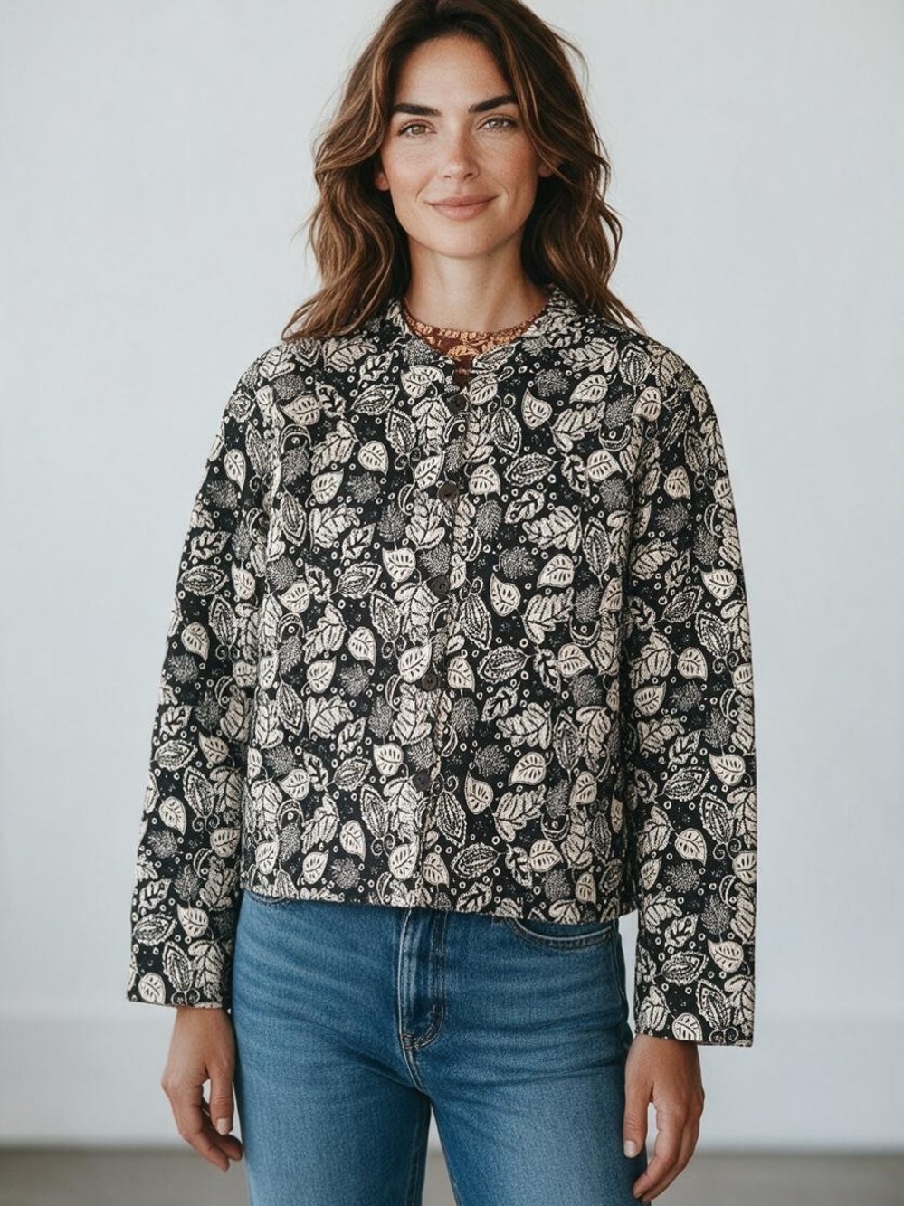Orvis Black and Cream Floral Quilted Utility Jacket